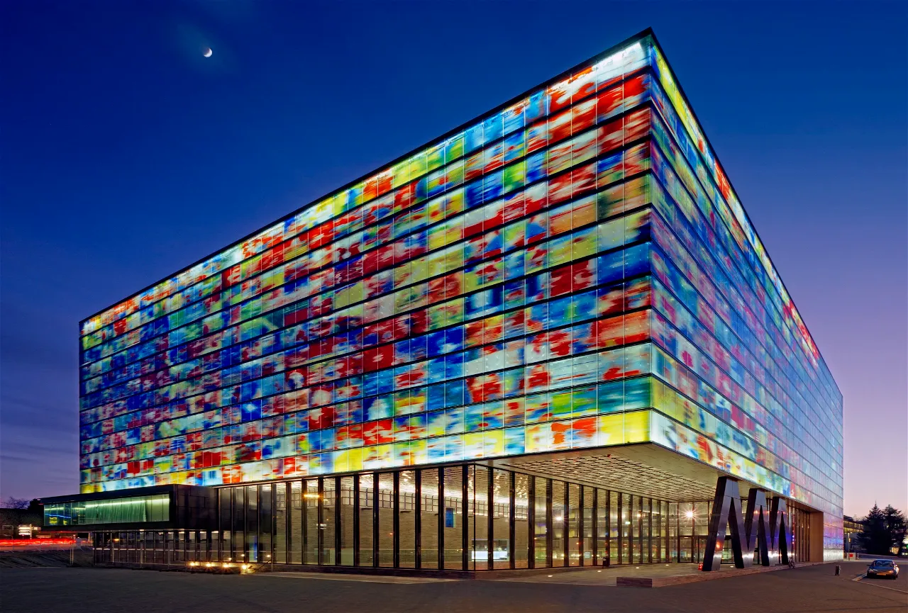The exterior of the Sound & Vision building, modern and colorful
