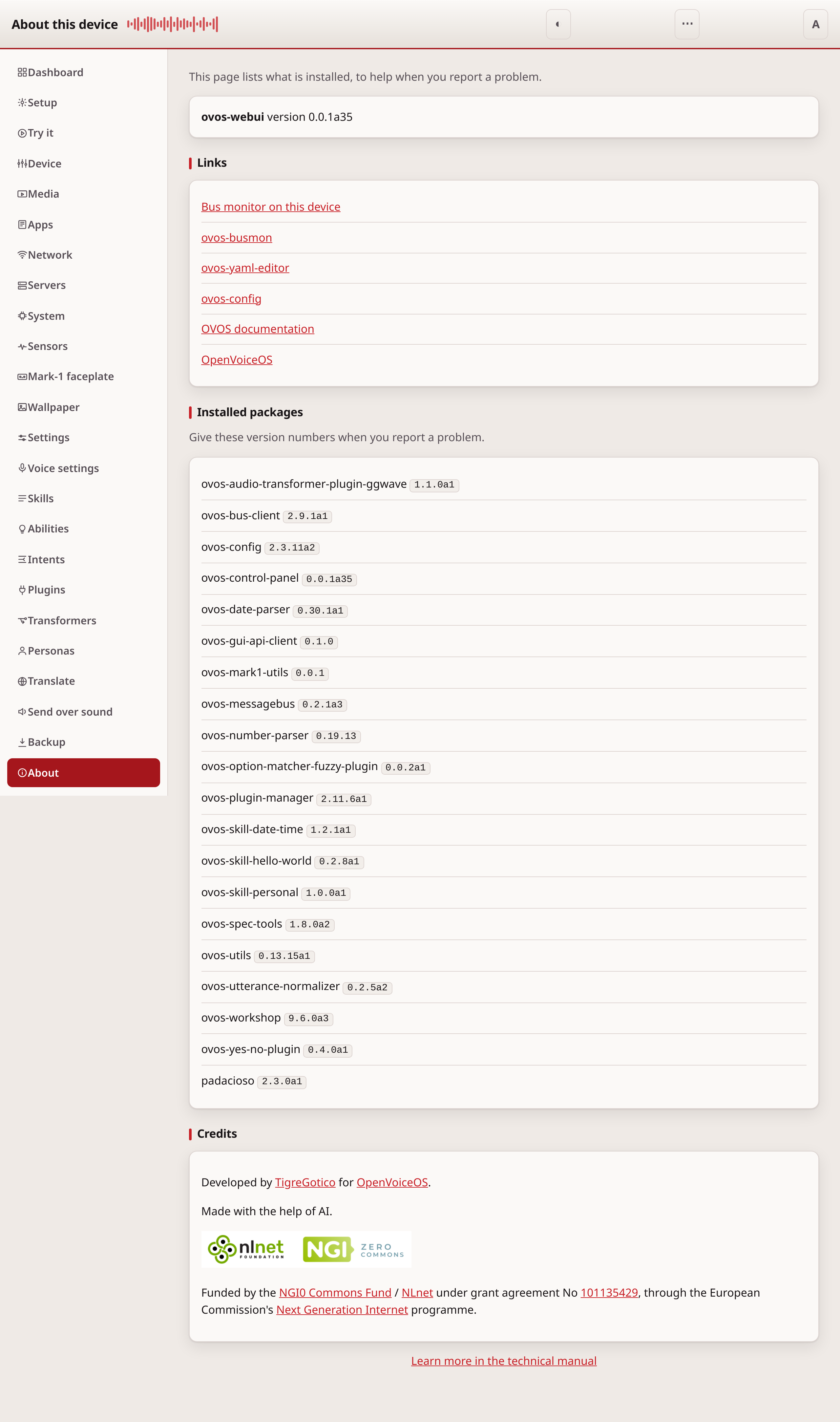 The About page of the OVOS control panel: the project attribution, the NGI0 and NLnet funding credit, and the line "Made with the help of AI".